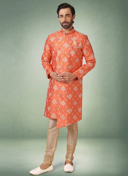 Orange Colour New Exclusive Wedding Wear Jacquard Banarasi Brocade Indo Western Mens Collection 1086